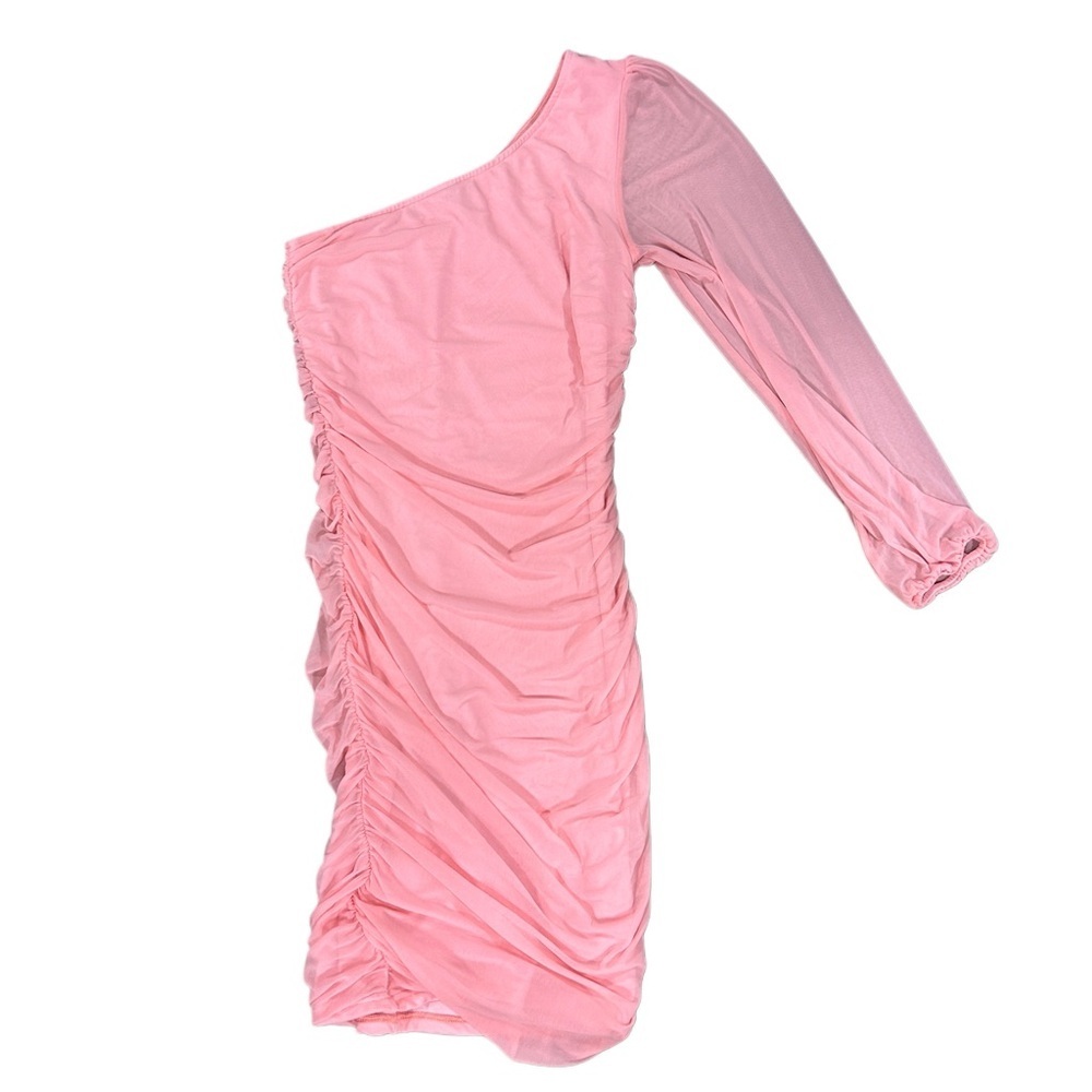 BTFBM Pink One-Shoulder Ruched Mesh Mini Dress Size Small